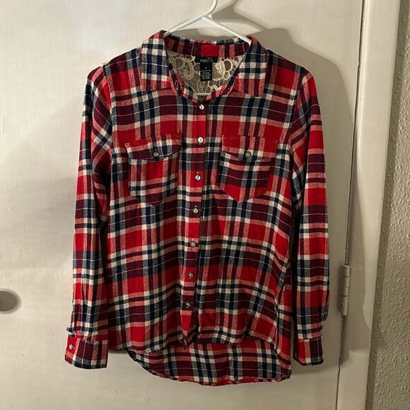 Rue21 Western Plaid Lace Long Sleeve Button Down Top M Costal Cowgirl Boho Chic - Picture 3 of 8